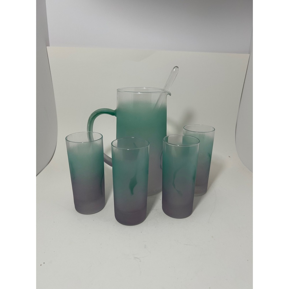 Chevrier Pettigrew Frosted Glass Pitcher Set 6pc Teal Purple Ombre Quebec Canada